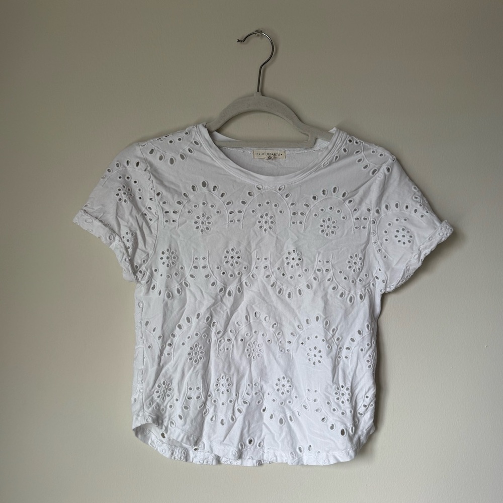 La Hearts White Eyelet Short Sleeve Top